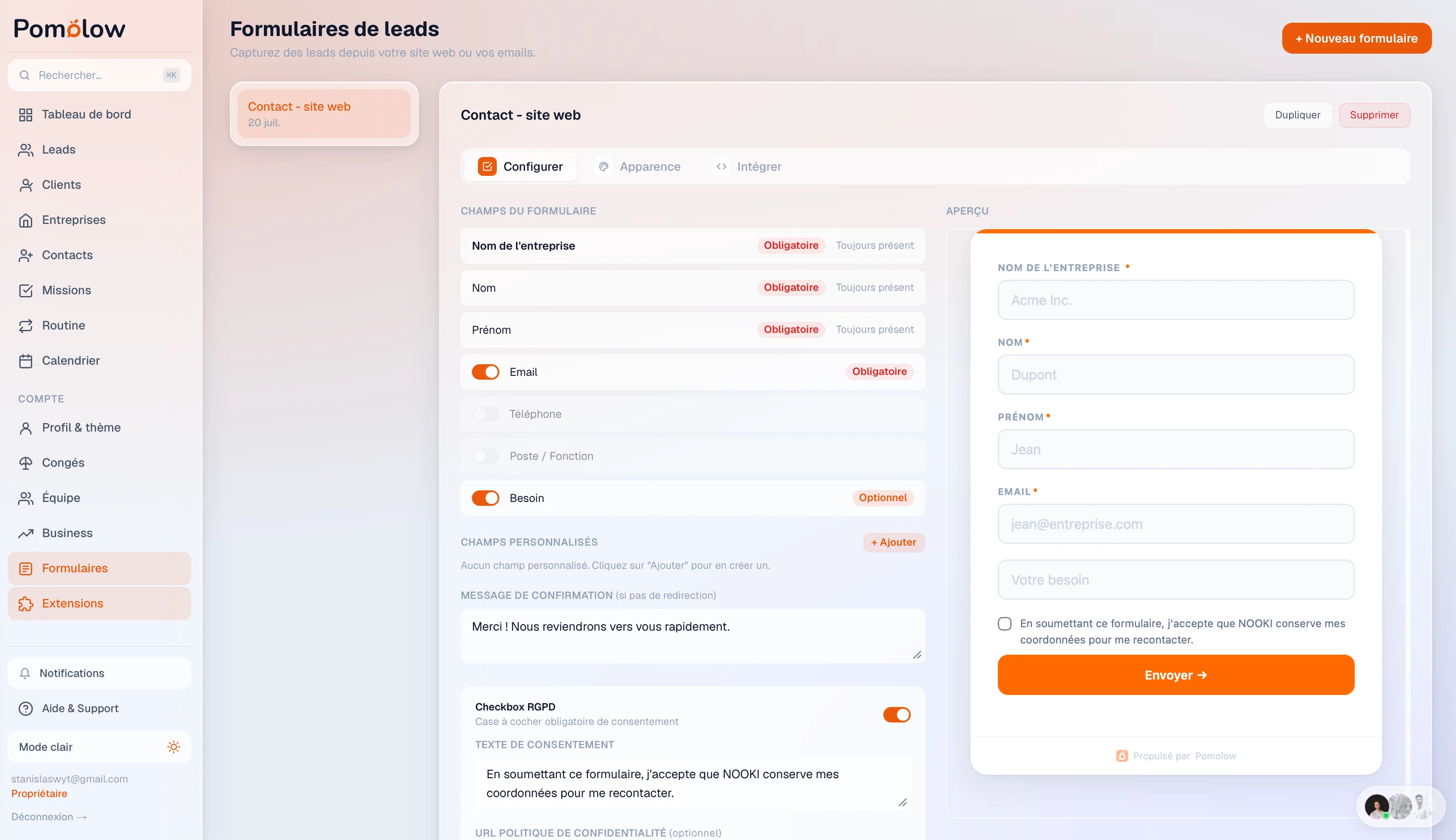 Formulaires de capture de leads Pomolow